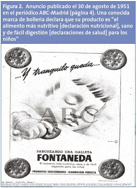 Figura 2.Anuncio publicado el 30 de agosto de 1951 en el periódico ABC-Madrid (página 4). Una conocida marca de bollería declara que su producto es “el alimento más nutritivo [declaración nutricional], sano y de fácil digestión [declaraciones de salud] para los niños”