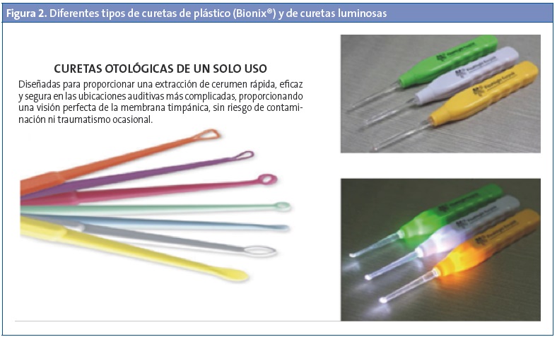 Figura 2. Diferentes tipos de curetas de plástico (Bionix®) y de curetas luminosas
