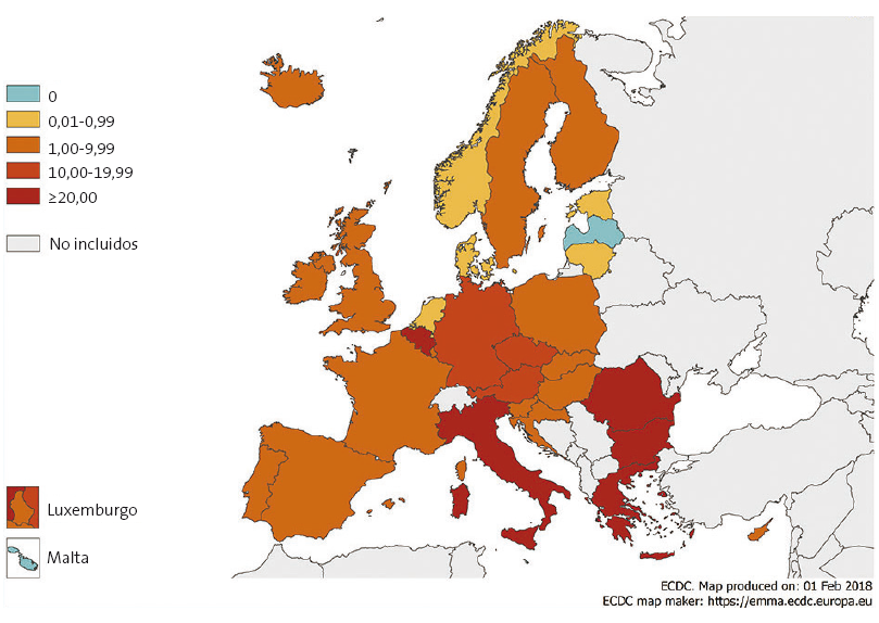 Figura 3. Casos de sarampión por millón de habitantes y país. EU/EEA, 2017