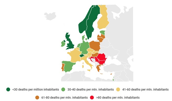 Figura 3. Fallecidos en carretera por millón de habitantes. Europa, 2017