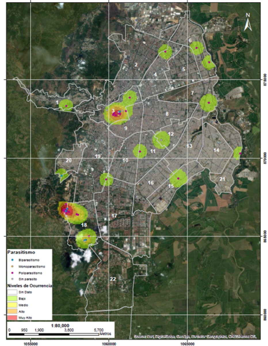 Figura 2. Ubicación de los casos incluidos en el estudio en las comunas de la ciudad de Santiago de Cali (Colombia)